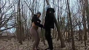 Topless curvy girl sucks cock in public park with blowjob