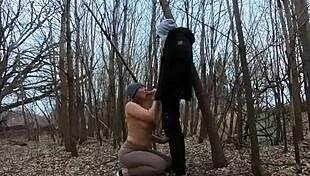 Topless curvy girl sucks cock in public park with blowjob