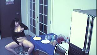 Busty slut masturbates with food and toys