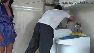 naughty wife teases technician with robe in red sheer.