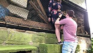 Chubby couple rides in abandoned barnyard