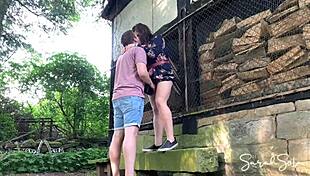 Chubby couple rides in abandoned barnyard