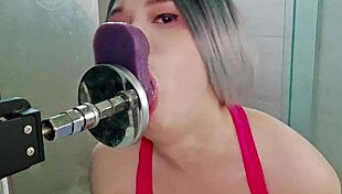 Twink’s deep throat skills with a dildo machine