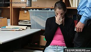 In the office, a petite shoplifter gets bent over and face fucked by officer Bobbi Dylan