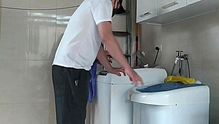 naughty wife teases technician with robe in red sheer.