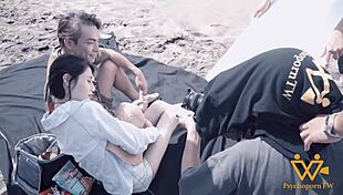 Behind the scenes with asian girl after beach fun.