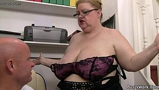 In the office, a huge-titted secretary got pounded on the stairs