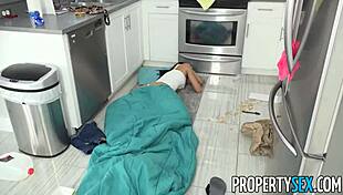 sexy skinny babe with small tits gets fucked by roommate's monster cock in kitchen, deepthroat and riding pov.