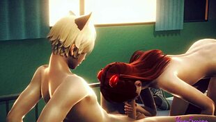 Asuka the femboy sissy swallows cum in this Japanese anime game porn. Gay threesome action unfolds.