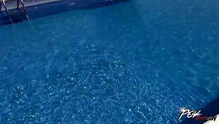 A brunette gets fucked by a big cock in the backyard with a pool