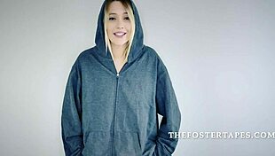 Petite teen kneels for foster threesome after stealing, caught on tape