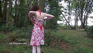 Scarlet redhead flashes tits and masturbates outdoors