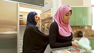 Ella Knox, the Arab stepdaughter in hijab, rides her father-in-law's massive white cock in taboo interracial sex.