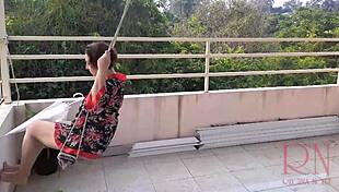 Depraved housewife strips and swings naked in the rain