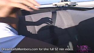 A naked blonde beauty is exposed to passing traffic