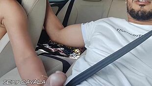 brunette gives quick handjob on vacation trip