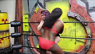 Determining The Better Lover In Ebony Black Wrestling Match With Big Tits