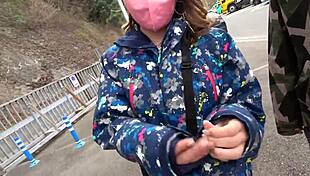 Cute japanese girl with g-cup tits squirts on slopes 😍