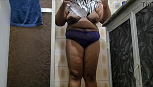 Caught bathing, stepmom fucks stepson! Cum on her big natural tits!