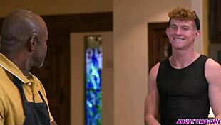 Black old man takes redhead twink's virginity with deep assfucking.