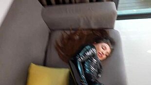 Horny brunette in latex bodysuit gets deepthroat. Then a hard doggy fuck follows.