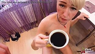 Housewife deepthroats big cock in kitchen doggystyle