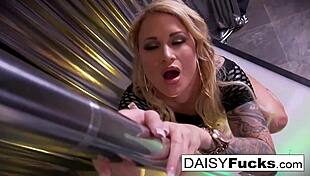 Hot blonde stripper rips her clothes and cums hard on the pole.