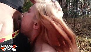 Red hair beauty gets great orgasm while having sex in the woods