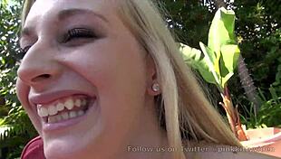 Busty blonde teen hints at poolside fucking desires