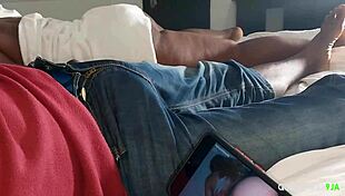 He got horny watching porn, so stepsis fingered his cock in close-up pov masturbation