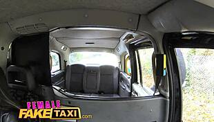 female fake taxi driver scores hot brunette for wild ride