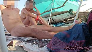 Stepson Flashes Cock At Stepmom On Public Beach For Risky Cumshot