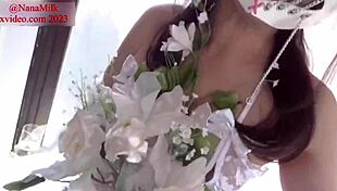 Young bride in wedding dress squirts powerfully during amateur play.