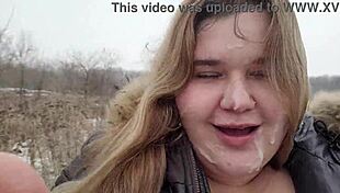 Huge Facial On Cute BBW Blonde's Big Breasts In Close Up