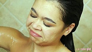 can you believe how this super cute brunette teen teases in the hot shower?