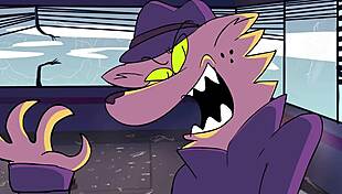 Cartoon character experiences power trip with clothes ripped