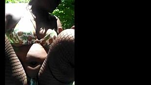 Masked girl masturbates outdoor