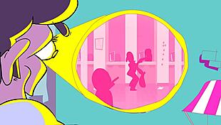 Cartoon character experiences power trip with clothes ripped