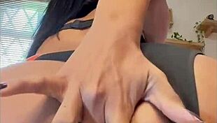 In lingerie, she masturbates her natural tits and pussy, cumming four times.