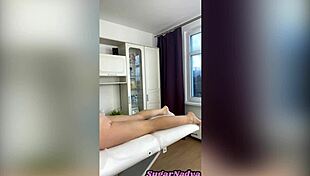 Sugarnadya waxes her client's slender legs in foot fetish close-up.