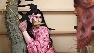 Nezuko Kamado Scissoring Anime Brunette Lesbian