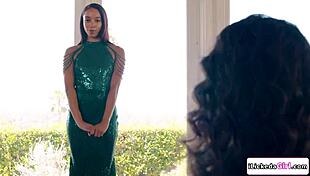 Ebony lesbian model scissoring with big tits milf coach.