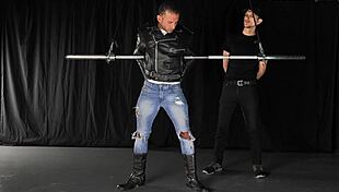 Straight hunk gets dominated in gay bondage BDSM scene with electro shocks
