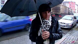 German MILF in leather leggings gets fucked on streets