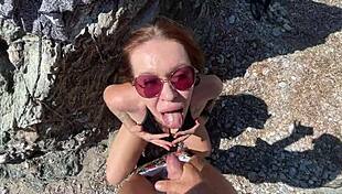 hot brunette passionately fucks stranger sloppy on public beach