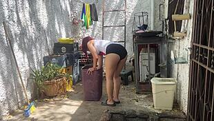 Arrived Home And Found Beautiful Stepdaughter Cleaning Patio In Shorts