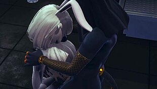 In the anime world, anubis the dogboy and mew the catboy engage in hard sex with a bunnyboy in a sissy crossdress threesome