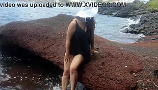 The seductive stepmom lures on a public beach