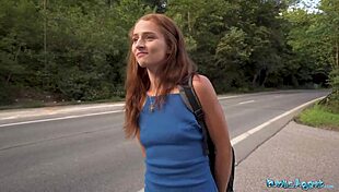 Public agent hooks redhead hitchhiker for big dick pounding outdoors. She loves every thrust.