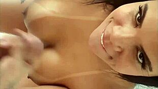 Hot brunette Pamela Santos gives blowjob backstage with Matheus Castro